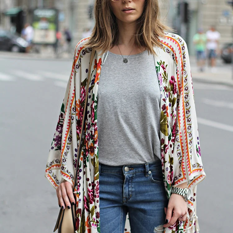 Sunscreen Cardigan Plus Size Ladies Blouse Chiffon Floral Printing Women Cover up