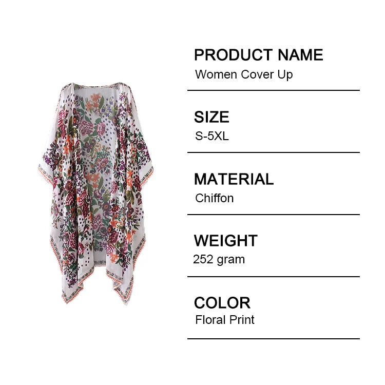Sunscreen Cardigan Plus Size Ladies Blouse Chiffon Floral Printing Women Cover up