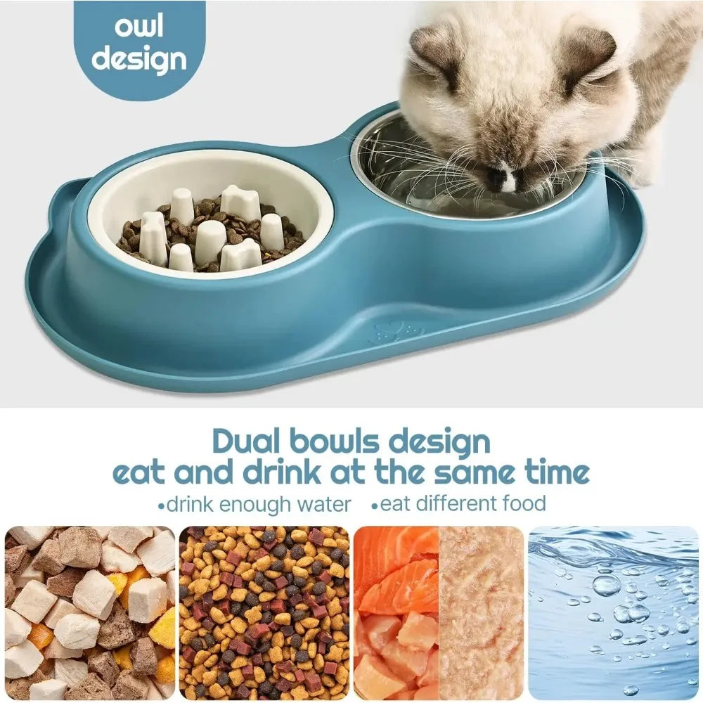 Anti-slip Double Dog Bowl Stainless Steel Water Food Feeder Pet Feeding Drinking Bowls for Dogs Cats with Silicone Mat Durable