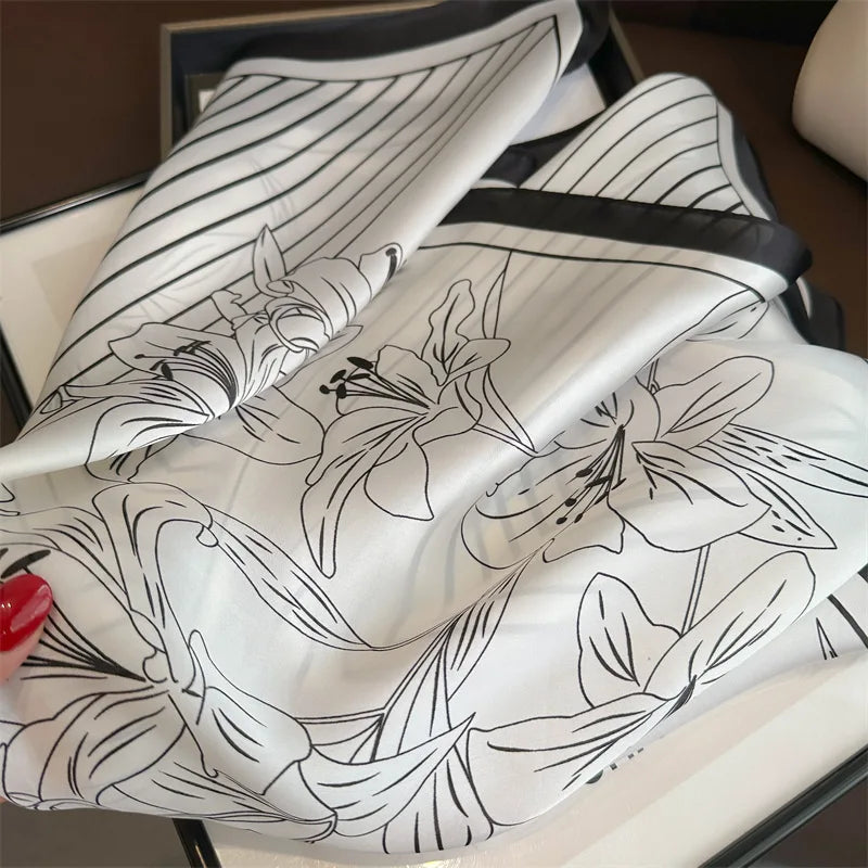 70*70cm Stripe Floral Print Silk Square Scarf for Women Neck Ties Soft Satin Hairband Hands Foulard Hijab Neckerchief Headbands
