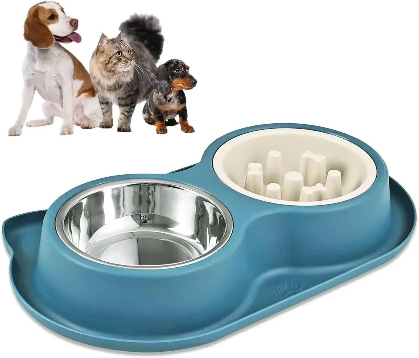 Anti-slip Double Dog Bowl Stainless Steel Water Food Feeder Pet Feeding Drinking Bowls for Dogs Cats with Silicone Mat Durable