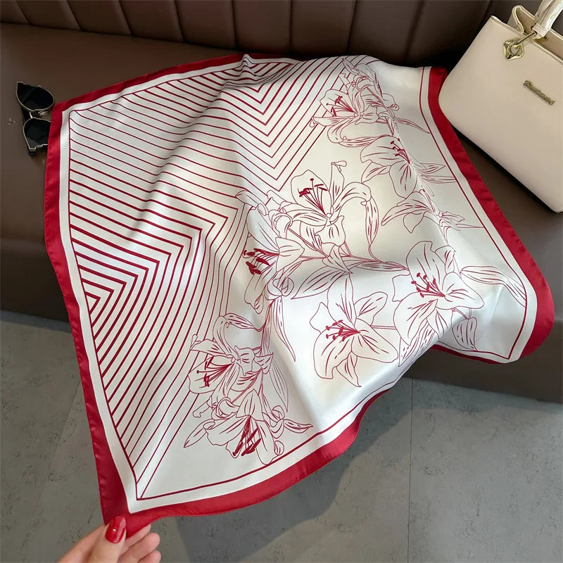 70*70cm Stripe Floral Print Silk Square Scarf for Women Neck Ties Soft Satin Hairband Hands Foulard Hijab Neckerchief Headbands