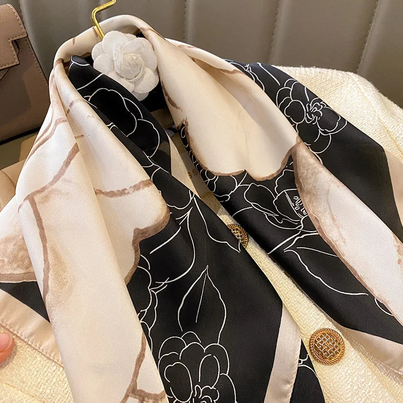 Luxury Design Print Silk Square Scarf Women Soft Satin Horse Hairband Neckerchief Office Hijab Headband Foulard Bag Ribbons Gift