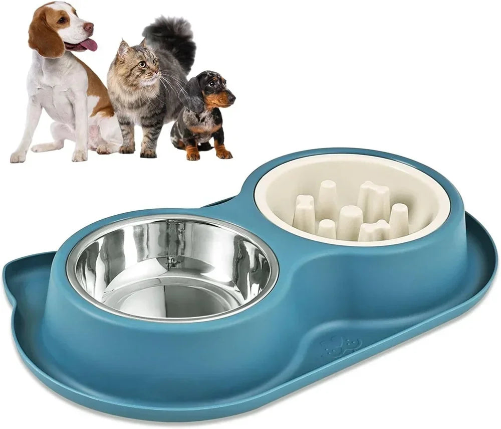 Anti-slip Double Dog Bowl Stainless Steel Water Food Feeder Pet Feeding Drinking Bowls for Dogs Cats with Silicone Mat Durable