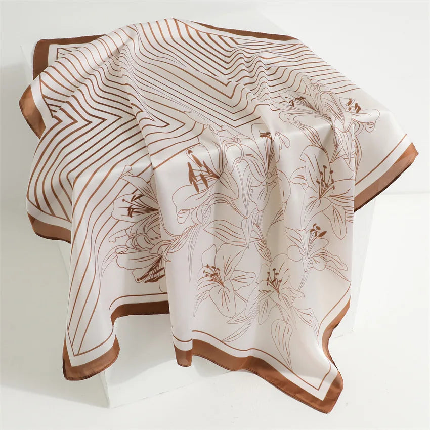 70*70cm Stripe Floral Print Silk Square Scarf for Women Neck Ties Soft Satin Hairband Hands Foulard Hijab Neckerchief Headbands