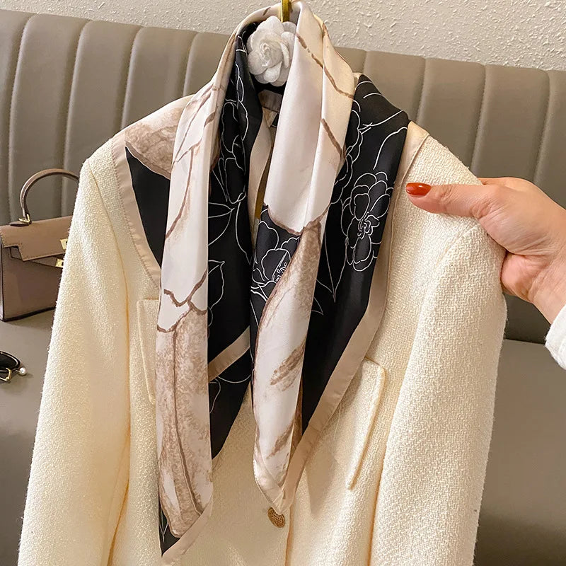 Luxury Design Print Silk Square Scarf Women Soft Satin Horse Hairband Neckerchief Office Hijab Headband Foulard Bag Ribbons Gift