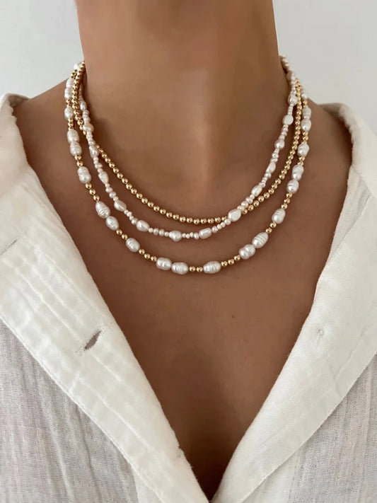 Natural Pearl Choker Necklace 18k Gold Plated Bead Jewelry for Women Elegant Bridal Minimalist Layered Summer Beach Jewelry Gift