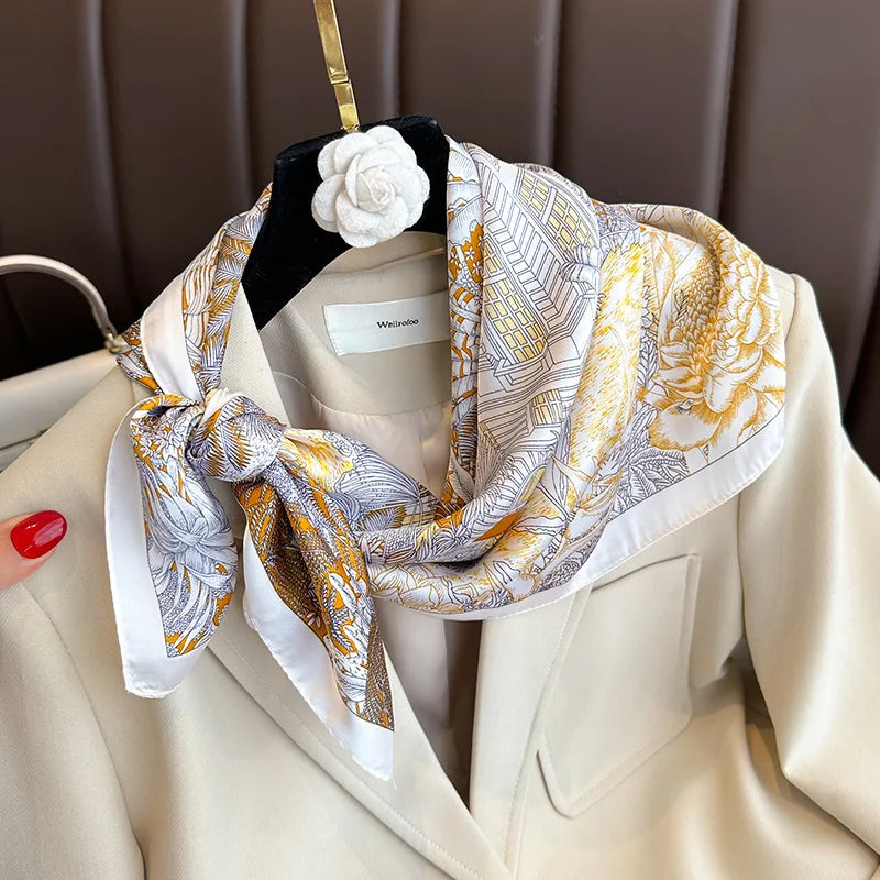 Luxury Floral Leaf Print Silk Square Scarf for Women Hands Bag Ribbions Soft Satin Kerchief Hairband Head Hijab Female Headband