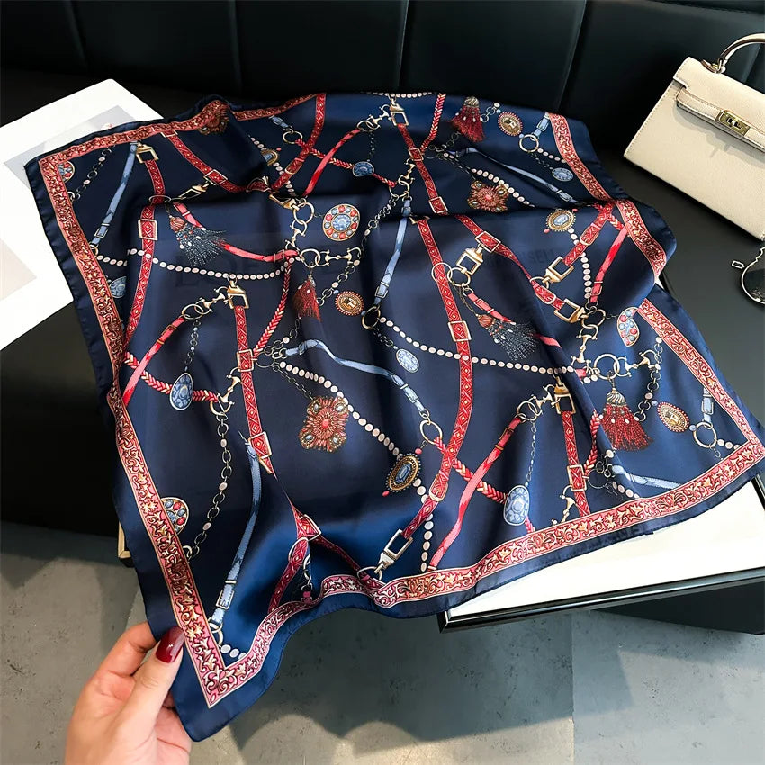 Luxury Chain Print Small Square Scarf Simulated Silk Thin Neck Scarf Fashion Sunscreen Headscarf For Women 70x70cm