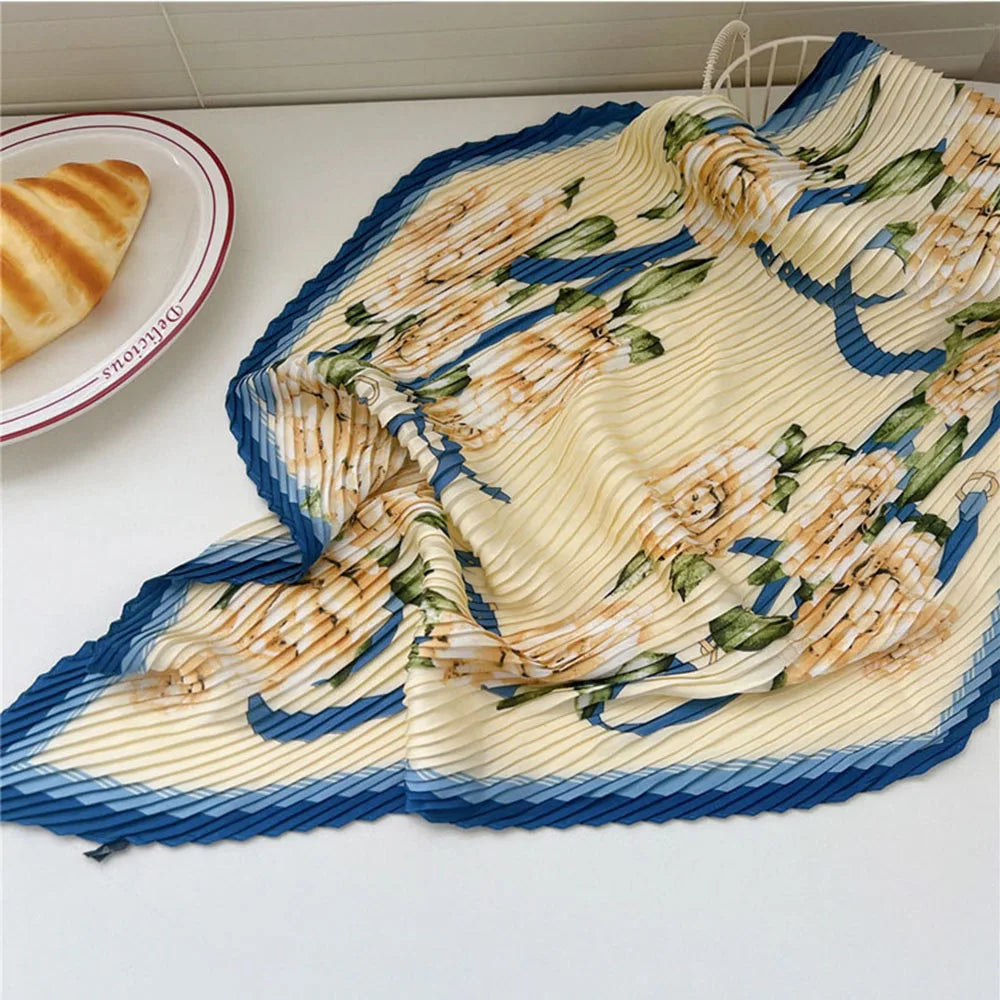 Silk Scarf Women Luxury Ladies Small Head Scarf Wholesale Scarves Headwraps Pleated Chiffon Hijabs Satin Hijabe Femme Bandanas