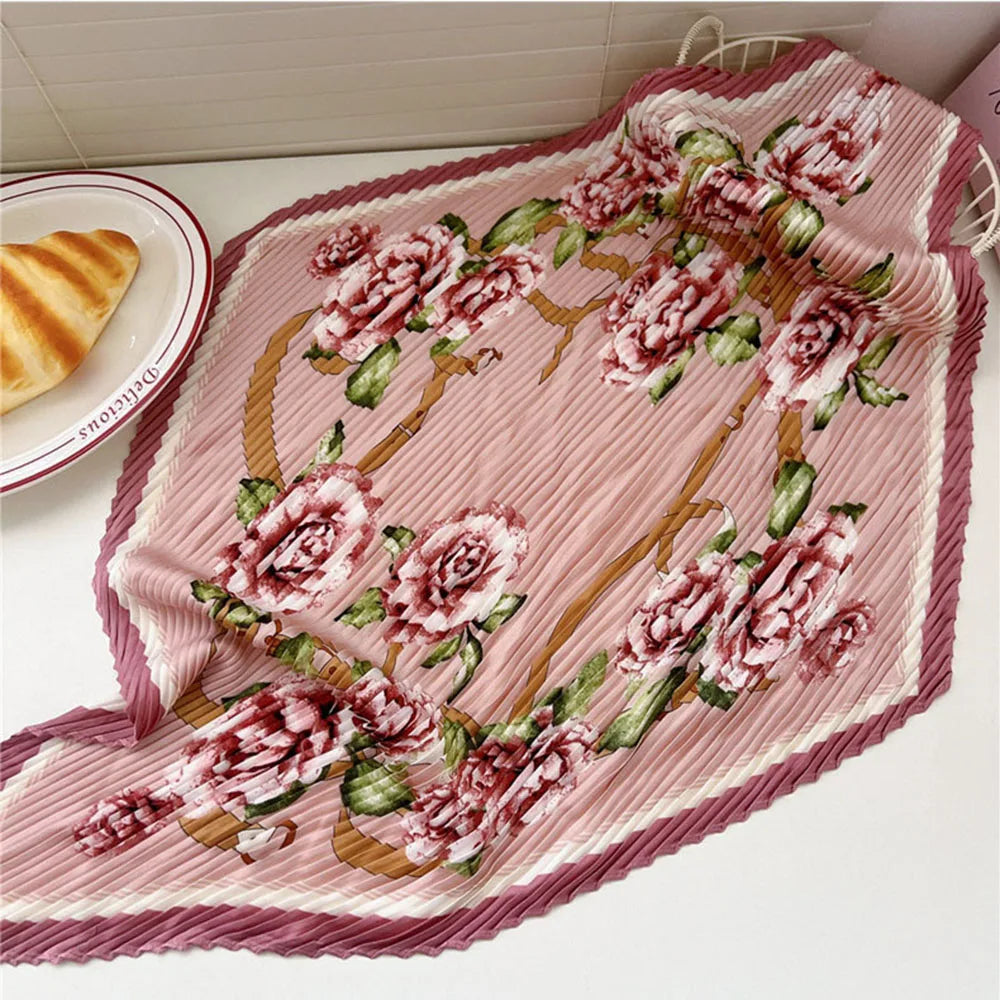 Silk Scarf Women Luxury Ladies Small Head Scarf Wholesale Scarves Headwraps Pleated Chiffon Hijabs Satin Hijabe Femme Bandanas