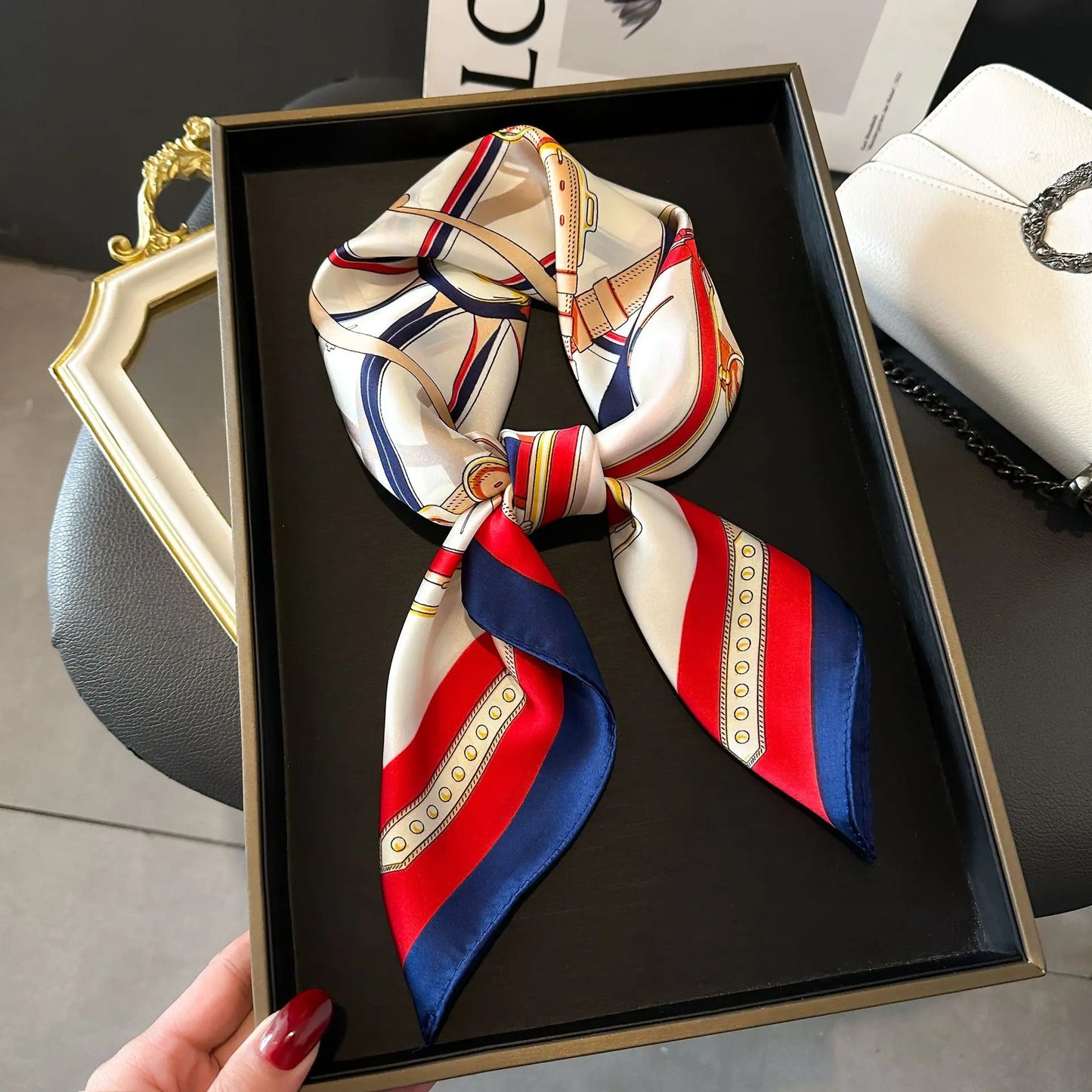 Luxury Chain Print Small Square Scarf Simulated Silk Thin Neck Scarf Fashion Sunscreen Headscarf For Women 70x70cm