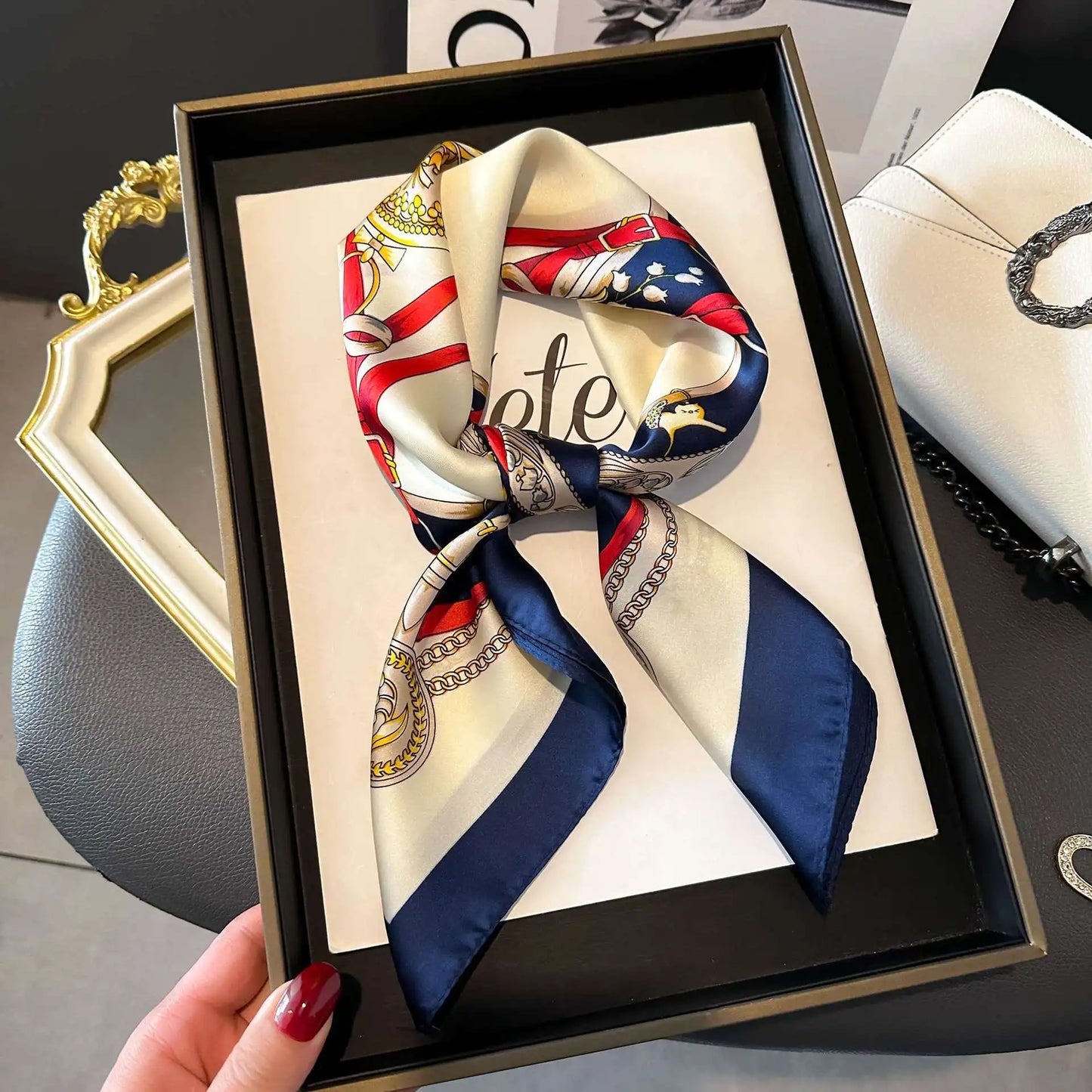 Luxury Chain Print Small Square Scarf Simulated Silk Thin Neck Scarf Fashion Sunscreen Headscarf For Women 70x70cm