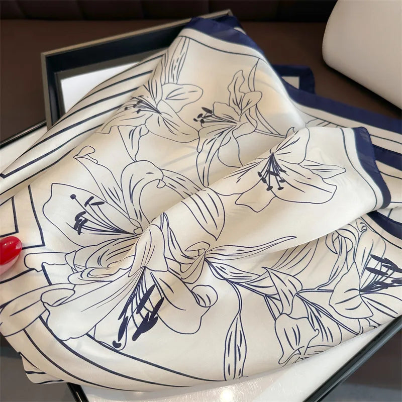 70*70cm Stripe Floral Print Silk Square Scarf for Women Neck Ties Soft Satin Hairband Hands Foulard Hijab Neckerchief Headbands