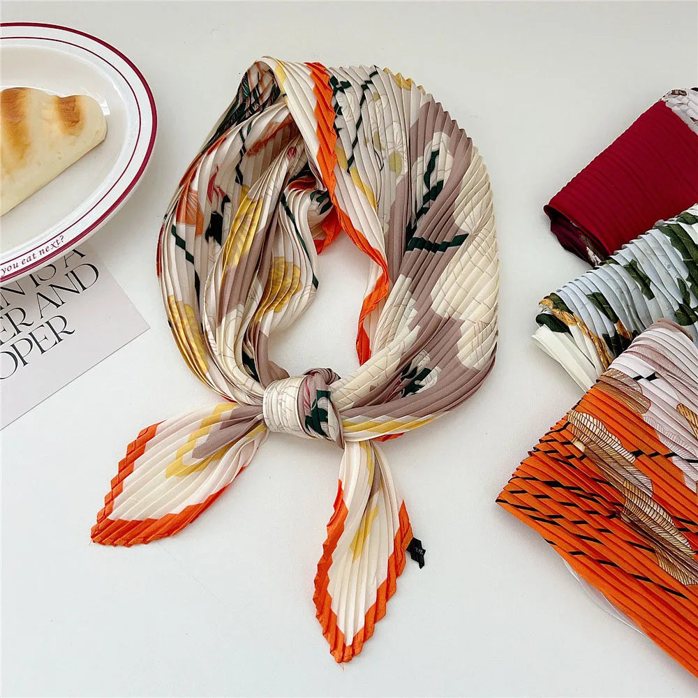 Silk Scarf Women Luxury Ladies Small Head Scarf Wholesale Scarves Headwraps Pleated Chiffon Hijabs Satin Hijabe Femme Bandanas