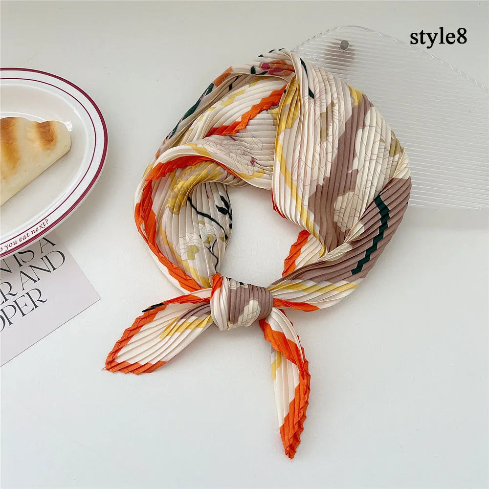 Silk Scarf Women Luxury Ladies Small Head Scarf Wholesale Scarves Headwraps Pleated Chiffon Hijabs Satin Hijabe Femme Bandanas