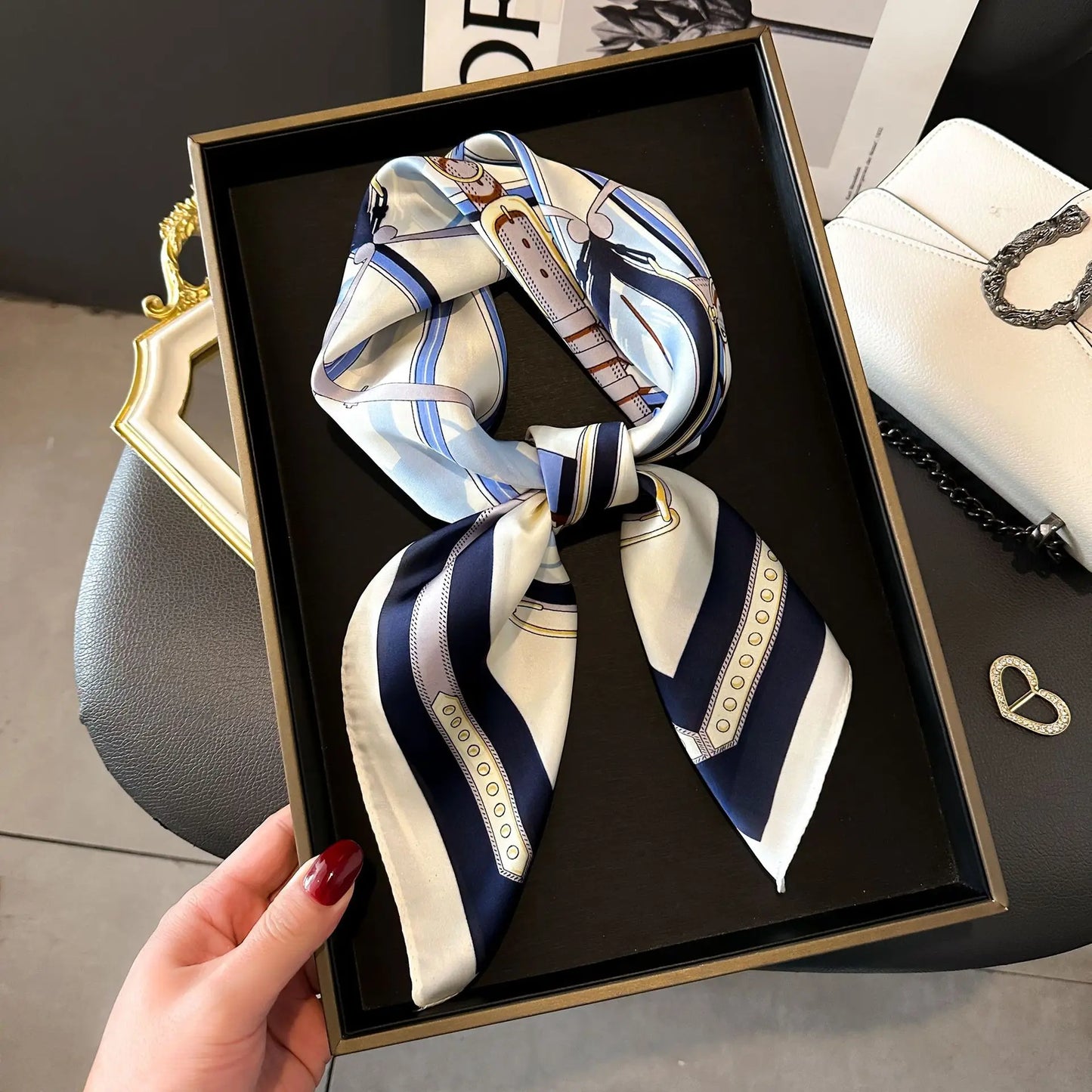 Luxury Chain Print Small Square Scarf Simulated Silk Thin Neck Scarf Fashion Sunscreen Headscarf For Women 70x70cm