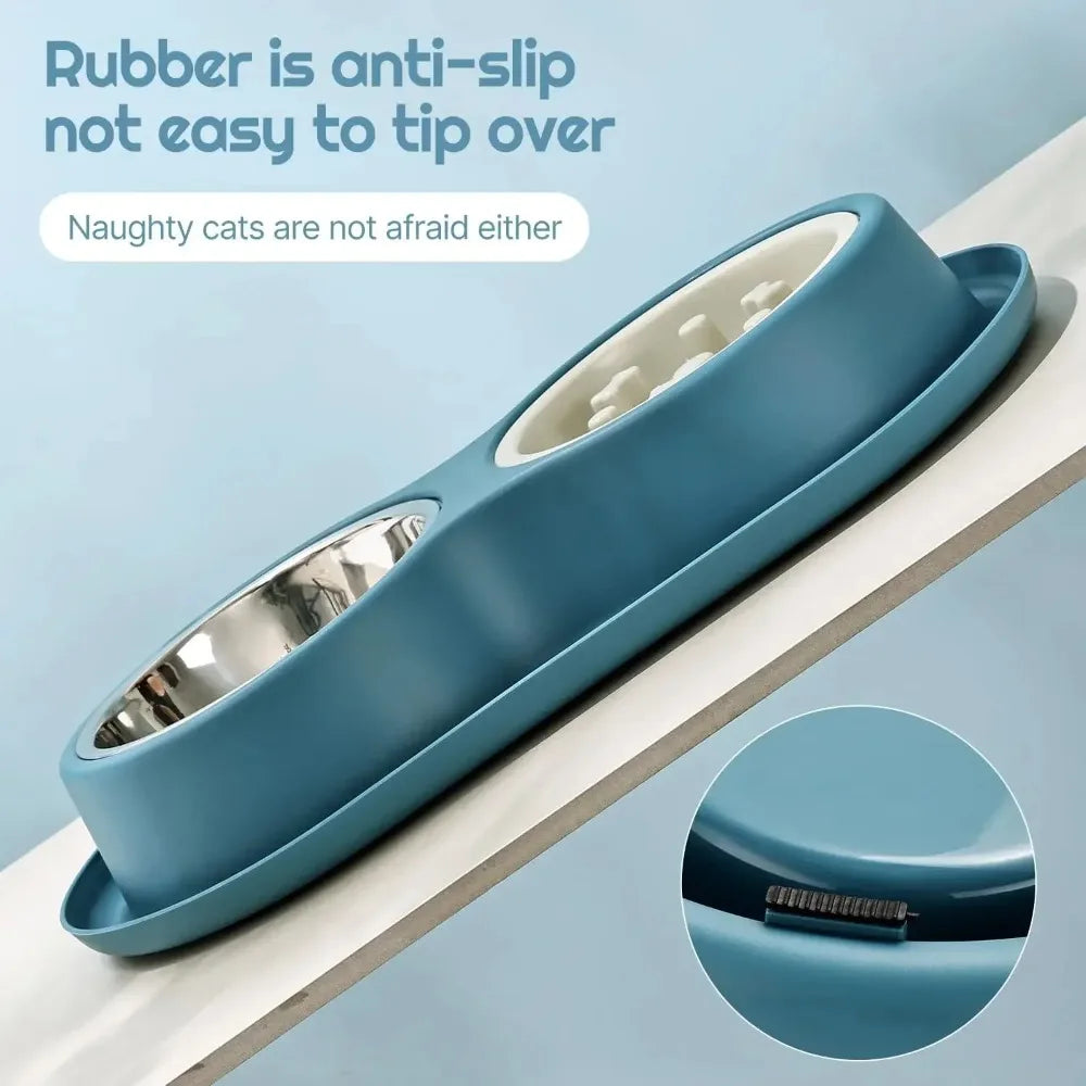 Anti-slip Double Dog Bowl Stainless Steel Water Food Feeder Pet Feeding Drinking Bowls for Dogs Cats with Silicone Mat Durable