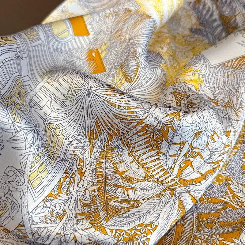 Luxury Floral Leaf Print Silk Square Scarf for Women Hands Bag Ribbions Soft Satin Kerchief Hairband Head Hijab Female Headband
