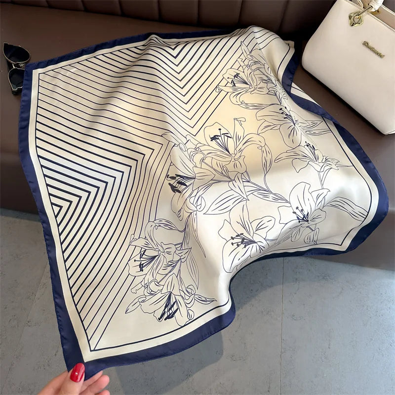 70*70cm Stripe Floral Print Silk Square Scarf for Women Neck Ties Soft Satin Hairband Hands Foulard Hijab Neckerchief Headbands