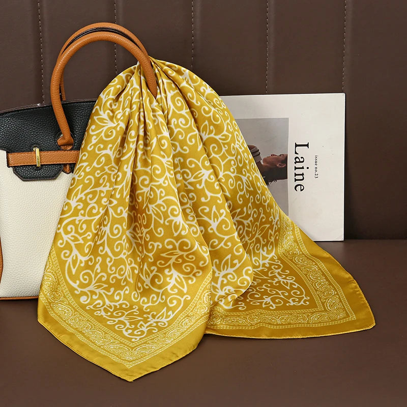 Luxury Print Satin Silk Square Scarf for Women Shawl Hijab Neckerchief Female Hair Ribbon Headband Fashion Wrap Bandana 2023 New