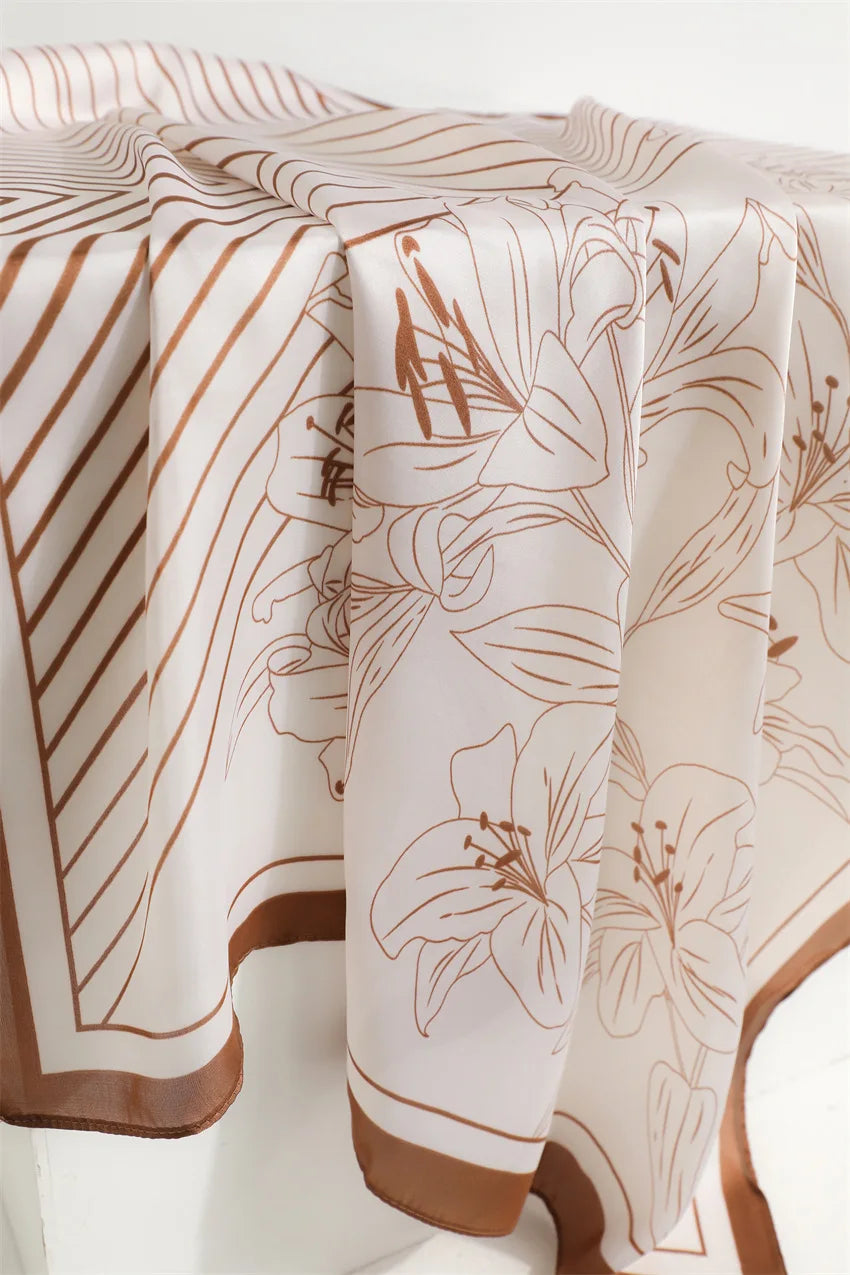 70*70cm Stripe Floral Print Silk Square Scarf for Women Neck Ties Soft Satin Hairband Hands Foulard Hijab Neckerchief Headbands