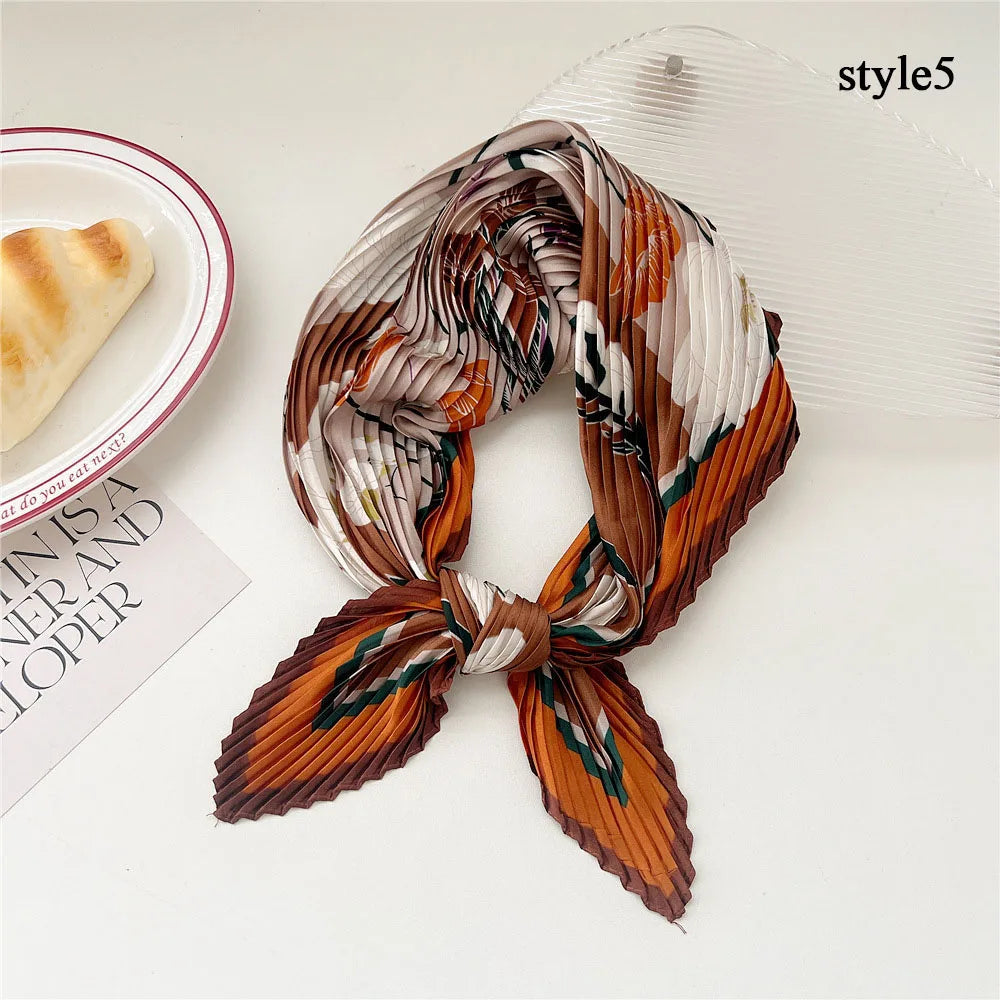 Silk Scarf Women Luxury Ladies Small Head Scarf Wholesale Scarves Headwraps Pleated Chiffon Hijabs Satin Hijabe Femme Bandanas