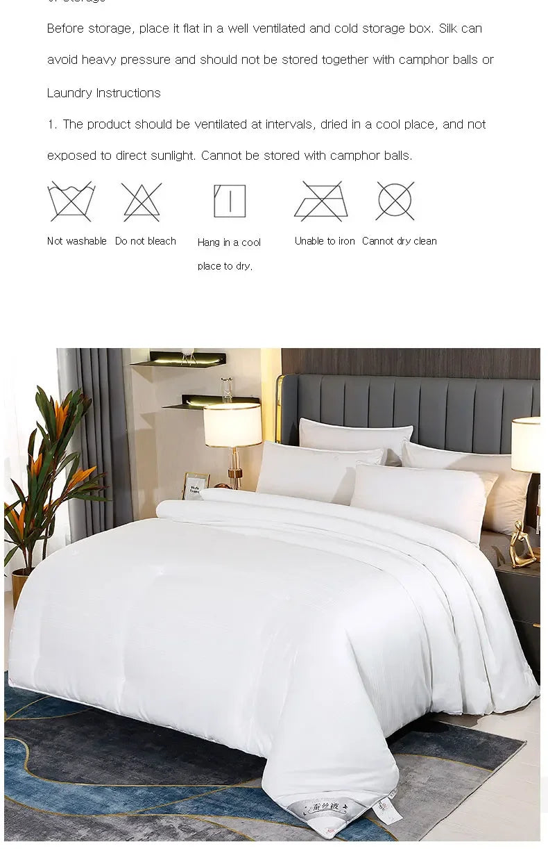 Mulberry Silk Quilt is 100% natural silk filling in all seasons. It is portable, breathable and luxurious