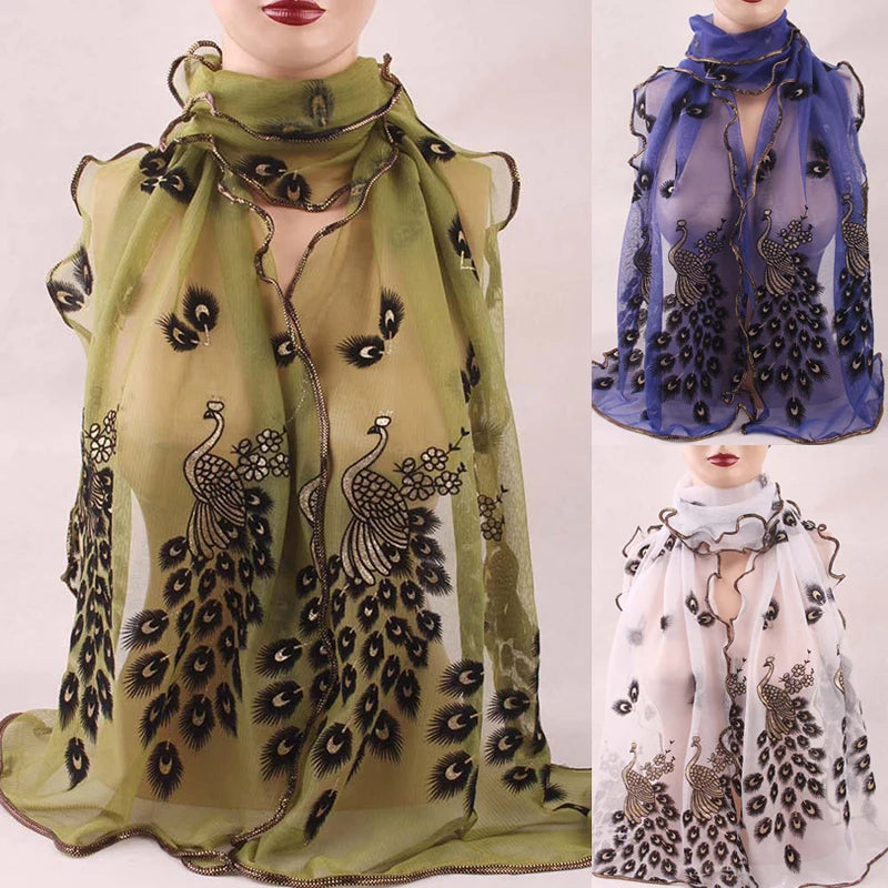 1PCS 190*40CM Women Lady's Silk Scarves Shawl Stole Peacock Scarf Transparent Long Fashion Chiffon Soft Wrap