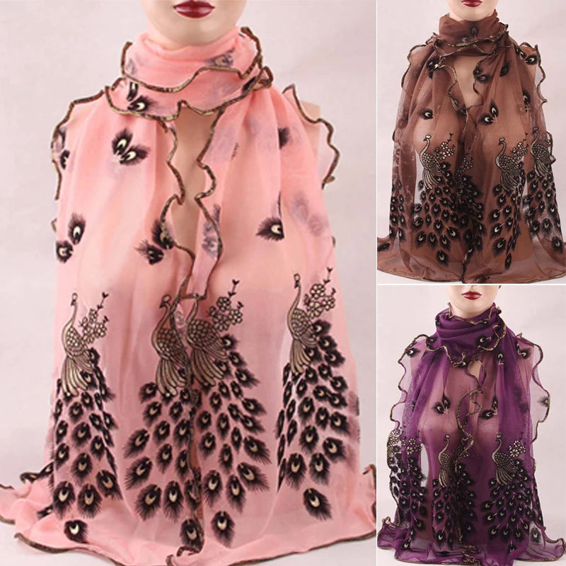 1PCS 190*40CM Women Lady's Silk Scarves Shawl Stole Peacock Scarf Transparent Long Fashion Chiffon Soft Wrap