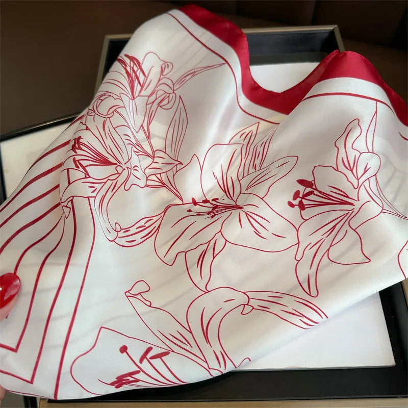 70*70cm Stripe Floral Print Silk Square Scarf for Women Neck Ties Soft Satin Hairband Hands Foulard Hijab Neckerchief Headbands