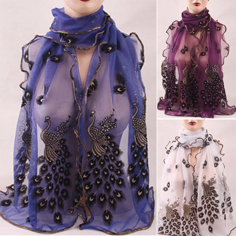 1PCS 190*40CM Women Lady's Silk Scarves Shawl Stole Peacock Scarf Transparent Long Fashion Chiffon Soft Wrap