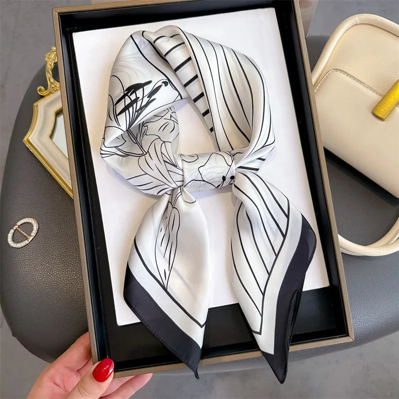 70*70cm Stripe Floral Print Silk Square Scarf for Women Neck Ties Soft Satin Hairband Hands Foulard Hijab Neckerchief Headbands
