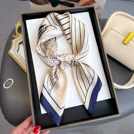 70*70cm Stripe Floral Print Silk Square Scarf for Women Neck Ties Soft Satin Hairband Hands Foulard Hijab Neckerchief Headbands
