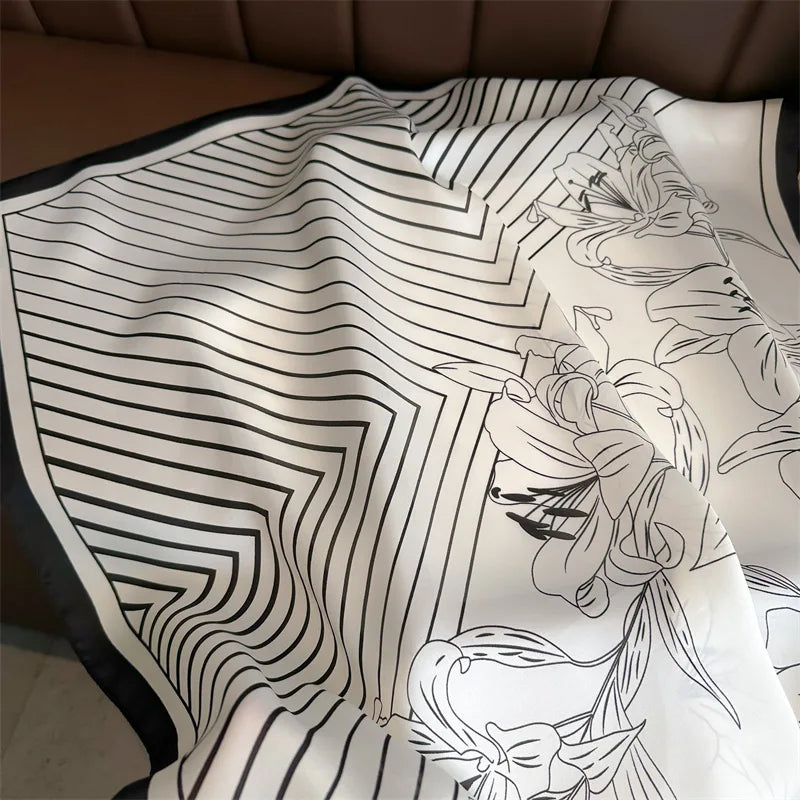 70*70cm Stripe Floral Print Silk Square Scarf for Women Neck Ties Soft Satin Hairband Hands Foulard Hijab Neckerchief Headbands