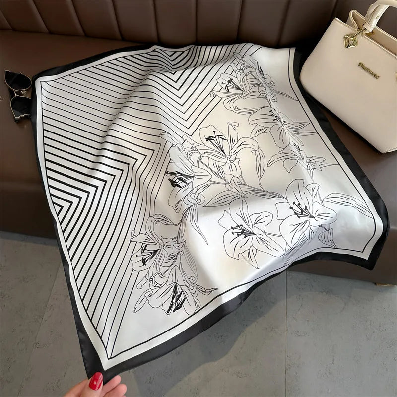 70*70cm Stripe Floral Print Silk Square Scarf for Women Neck Ties Soft Satin Hairband Hands Foulard Hijab Neckerchief Headbands
