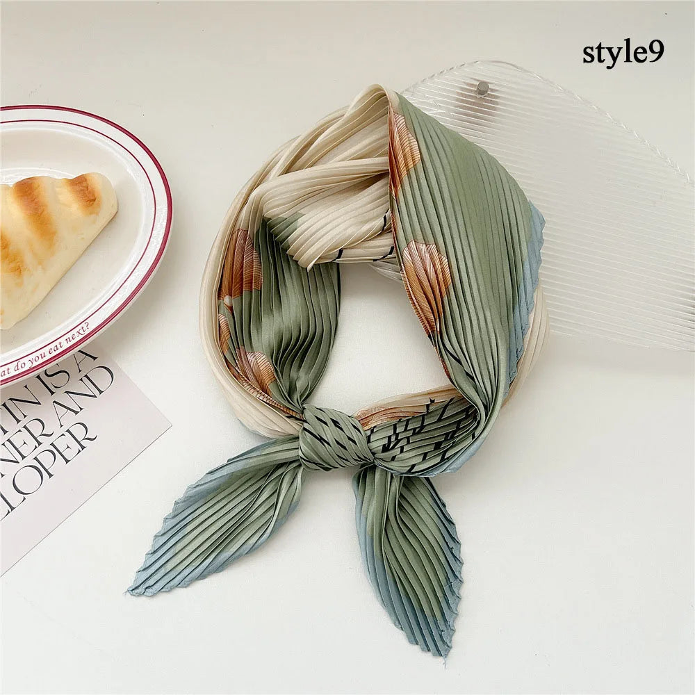 Silk Scarf Women Luxury Ladies Small Head Scarf Wholesale Scarves Headwraps Pleated Chiffon Hijabs Satin Hijabe Femme Bandanas