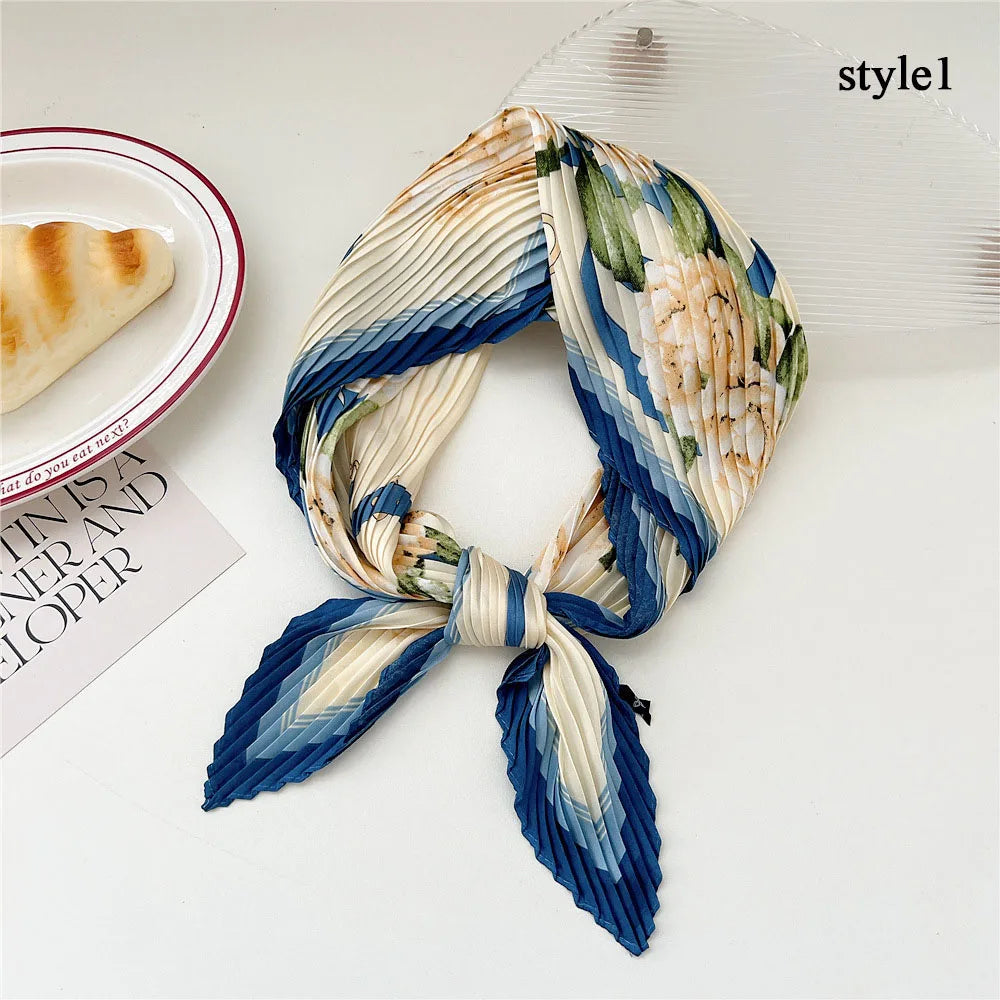 Silk Scarf Women Luxury Ladies Small Head Scarf Wholesale Scarves Headwraps Pleated Chiffon Hijabs Satin Hijabe Femme Bandanas