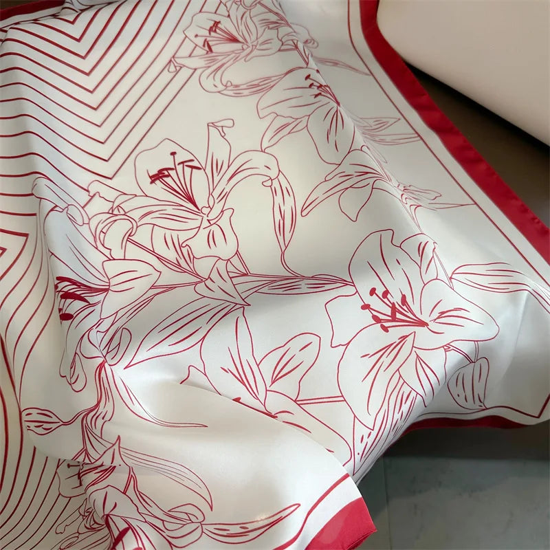 70*70cm Stripe Floral Print Silk Square Scarf for Women Neck Ties Soft Satin Hairband Hands Foulard Hijab Neckerchief Headbands