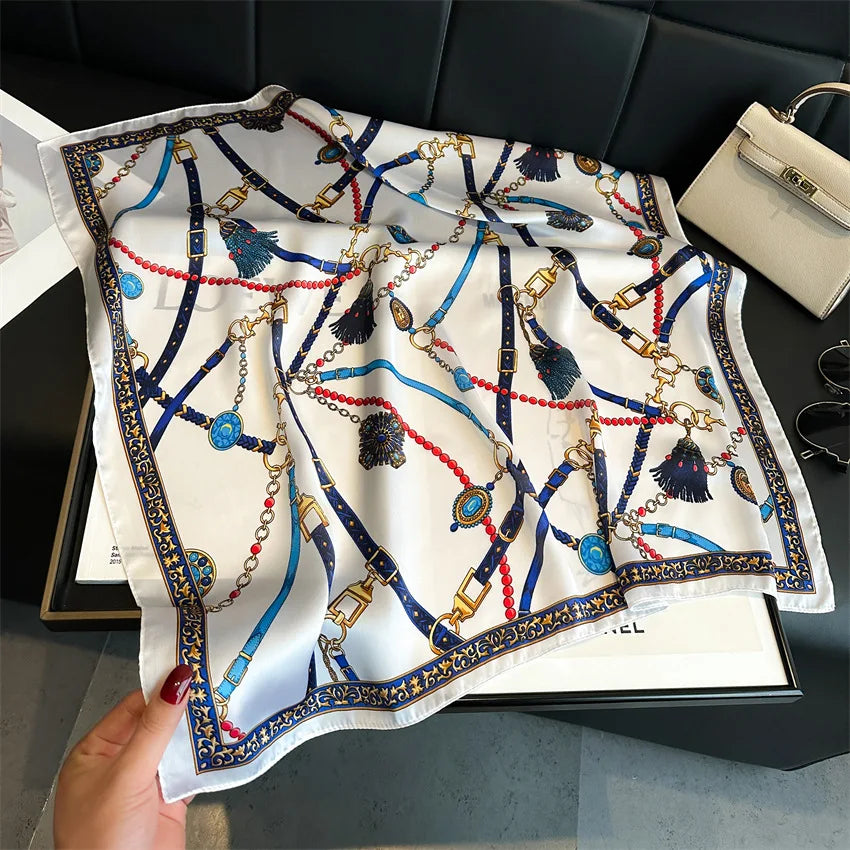 Luxury Chain Print Small Square Scarf Simulated Silk Thin Neck Scarf Fashion Sunscreen Headscarf For Women 70x70cm