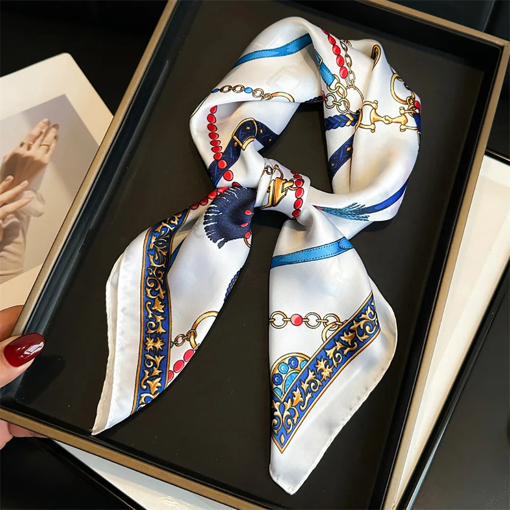 Luxury Chain Print Small Square Scarf Simulated Silk Thin Neck Scarf Fashion Sunscreen Headscarf For Women 70x70cm