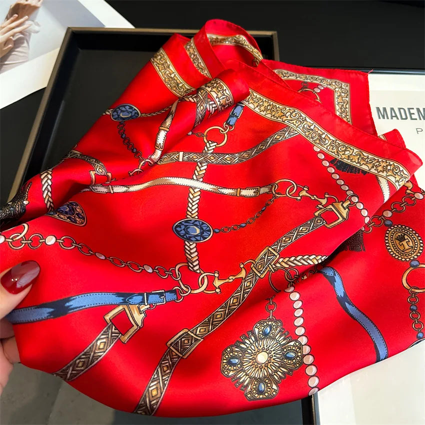 Luxury Chain Print Small Square Scarf Simulated Silk Thin Neck Scarf Fashion Sunscreen Headscarf For Women 70x70cm