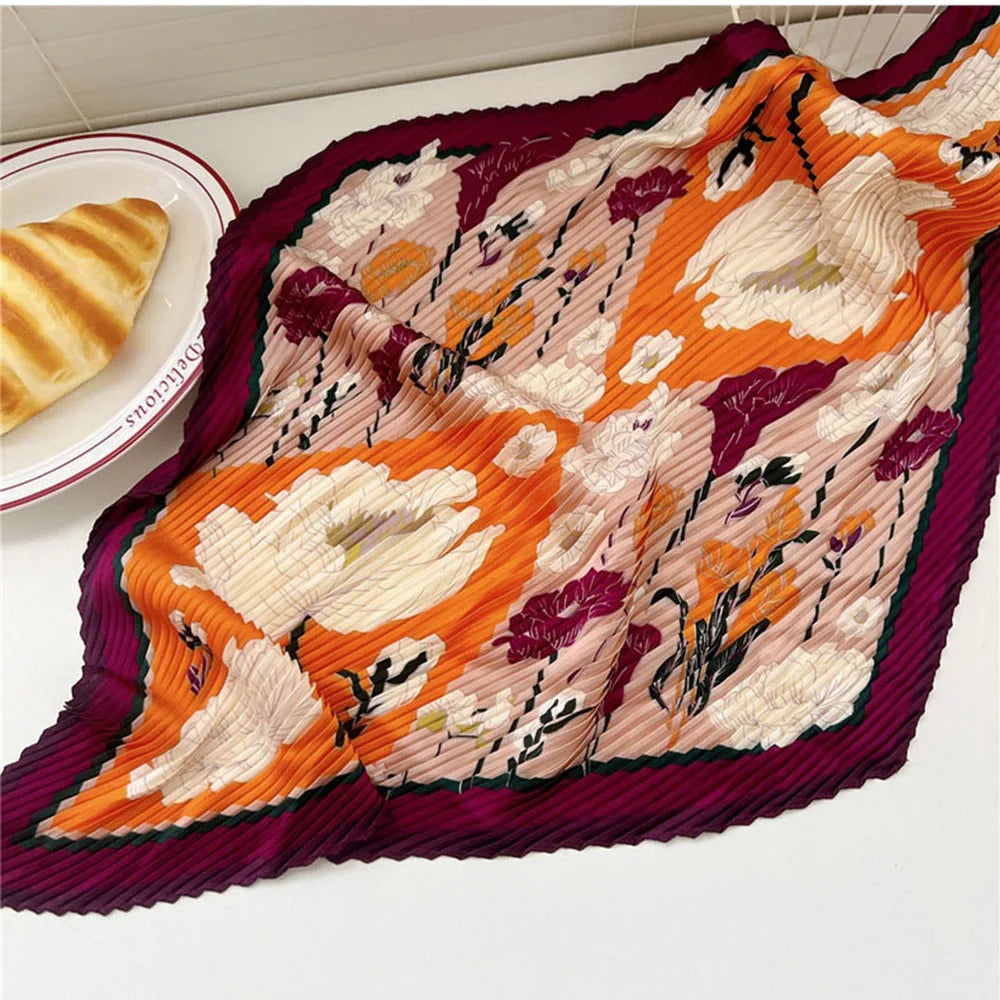Silk Scarf Women Luxury Ladies Small Head Scarf Wholesale Scarves Headwraps Pleated Chiffon Hijabs Satin Hijabe Femme Bandanas