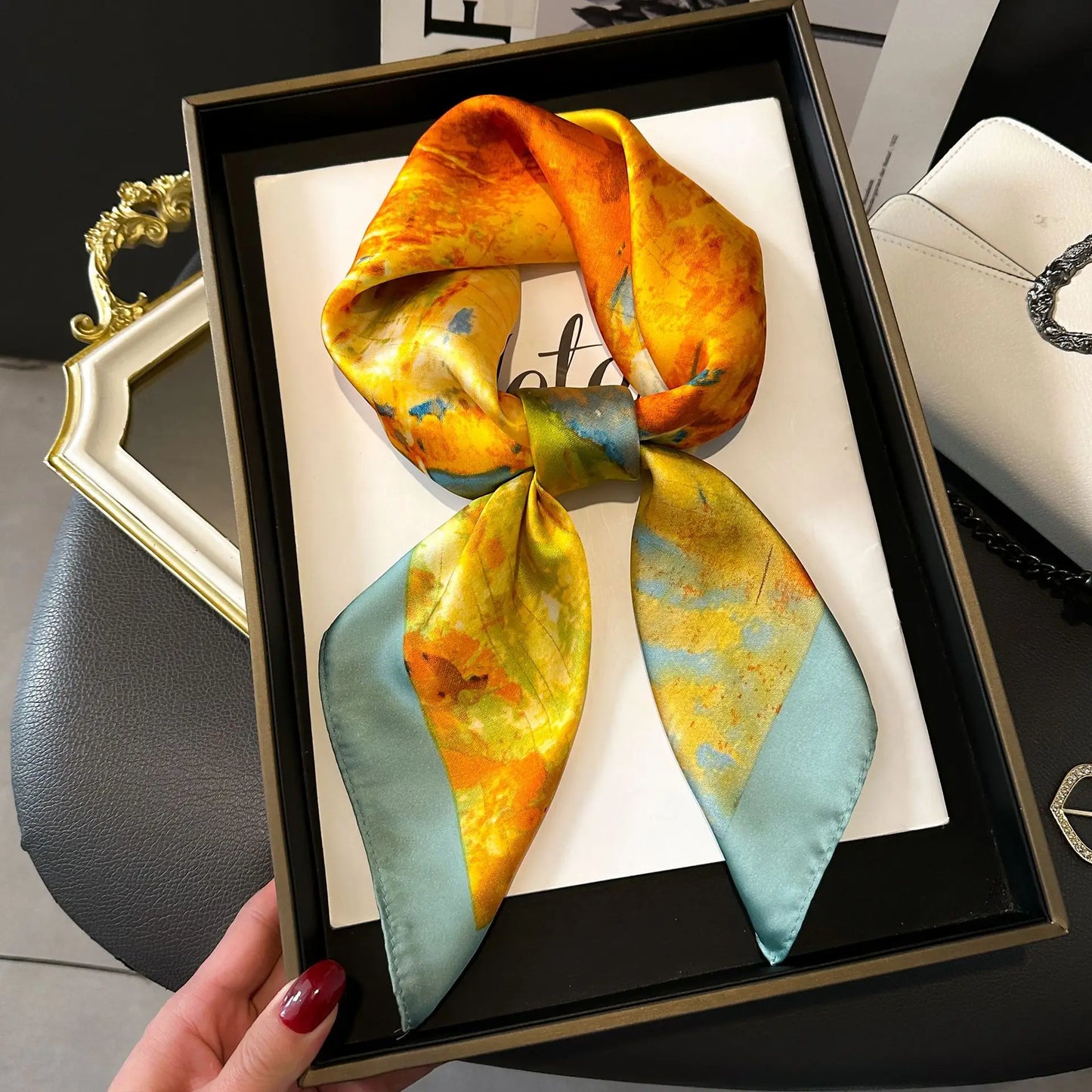 Luxury Chain Print Small Square Scarf Simulated Silk Thin Neck Scarf Fashion Sunscreen Headscarf For Women 70x70cm
