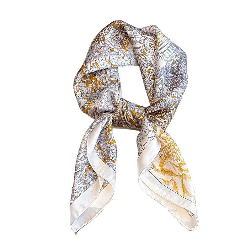 Luxury Floral Leaf Print Silk Square Scarf for Women Hands Bag Ribbions Soft Satin Kerchief Hairband Head Hijab Female Headband