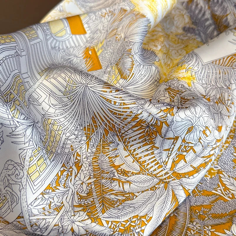 Luxury Floral Leaf Print Silk Square Scarf for Women Hands Bag Ribbions Soft Satin Kerchief Hairband Head Hijab Female Headband