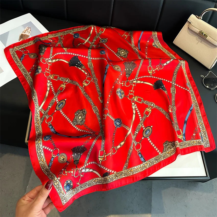 Luxury Chain Print Small Square Scarf Simulated Silk Thin Neck Scarf Fashion Sunscreen Headscarf For Women 70x70cm