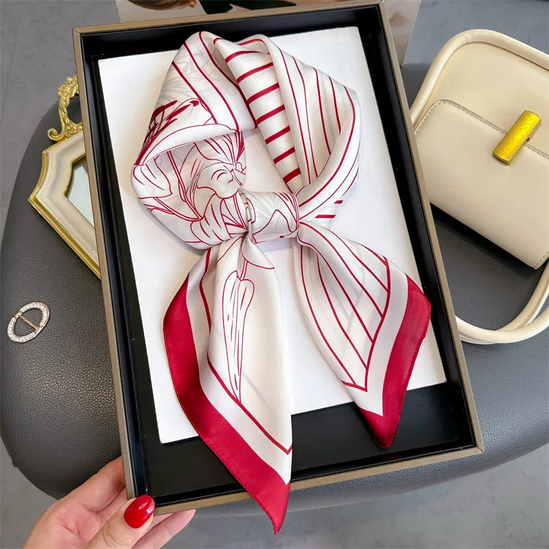 70*70cm Stripe Floral Print Silk Square Scarf for Women Neck Ties Soft Satin Hairband Hands Foulard Hijab Neckerchief Headbands