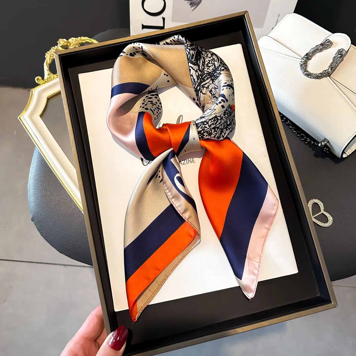 Luxury Chain Print Small Square Scarf Simulated Silk Thin Neck Scarf Fashion Sunscreen Headscarf For Women 70x70cm