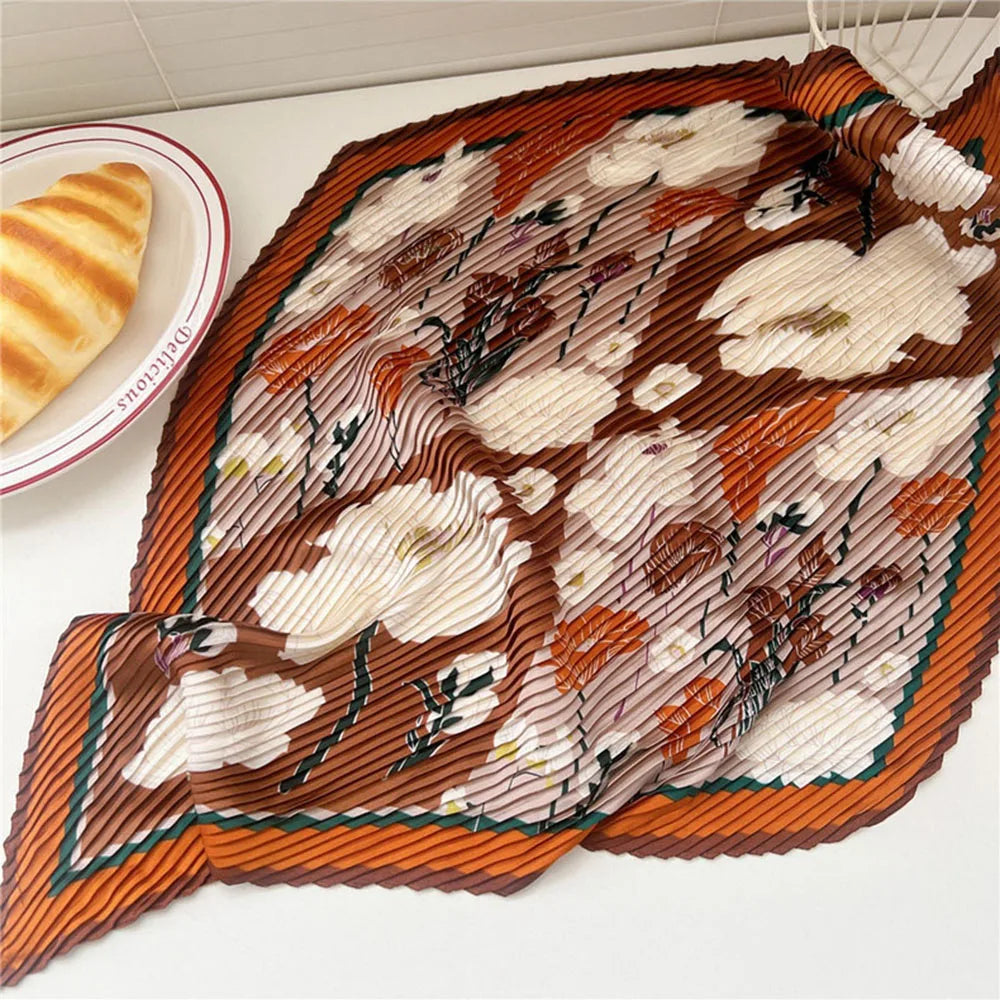 Silk Scarf Women Luxury Ladies Small Head Scarf Wholesale Scarves Headwraps Pleated Chiffon Hijabs Satin Hijabe Femme Bandanas